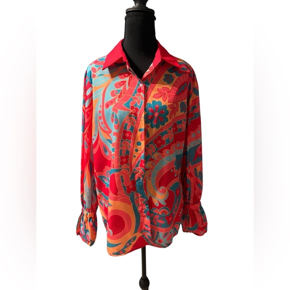 Vibrant Hot Pink, Teal, Light Blue Floral Women's Top Size L - Picture 3 of 8